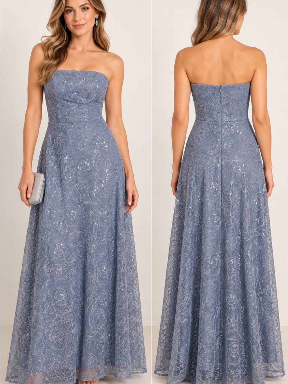 Oleg Cassini M Blue Floral Embroidered Sequin Lace Formal Maxi Gown